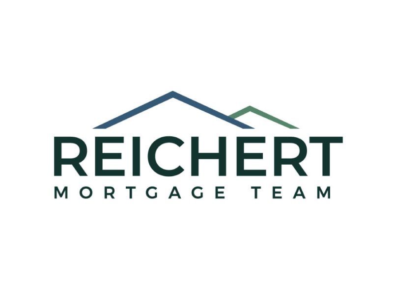 Logo for Reichert Mortgage Team featuring stylized blue and green mountain outlines above bold, dark green text.
