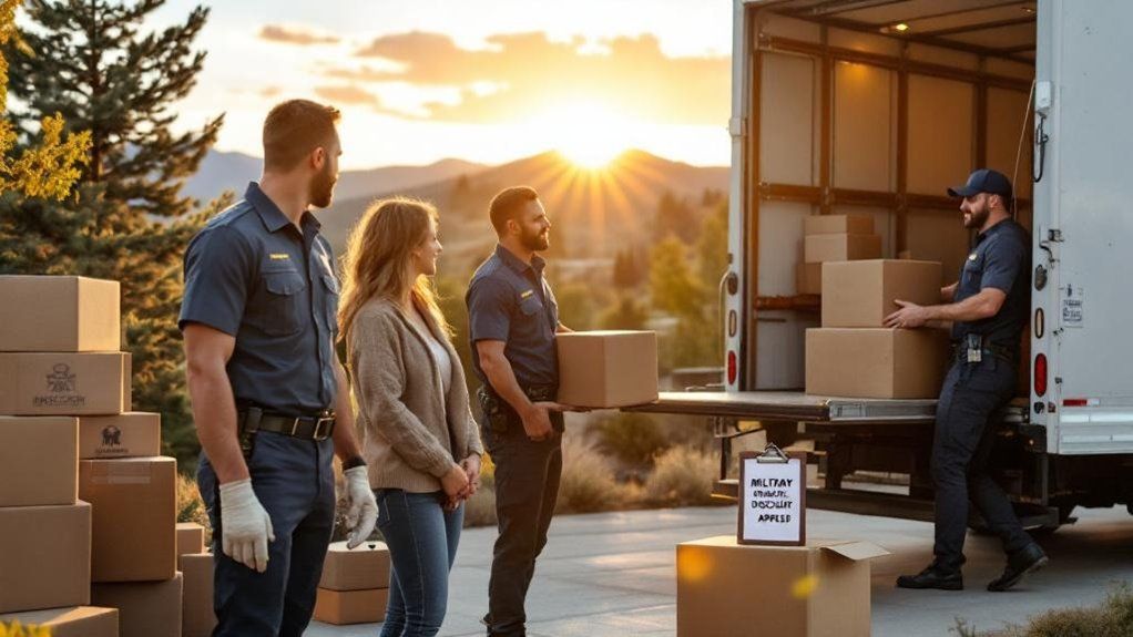 Movers in uniform assist a customer with boxes near a moving truck at sunset.