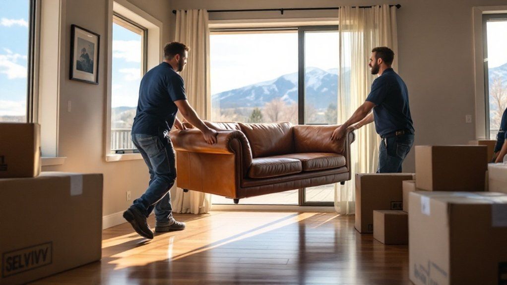 Two movers carry a brown leather sofa across a room filled with cardboard boxes in front of a window with a mountain view.