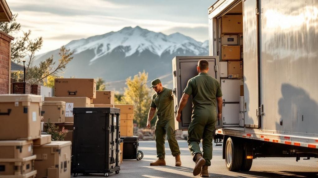 Two movers in uniform carry a heavy safe into a large truck parked before a snow-capped mountain landscape.