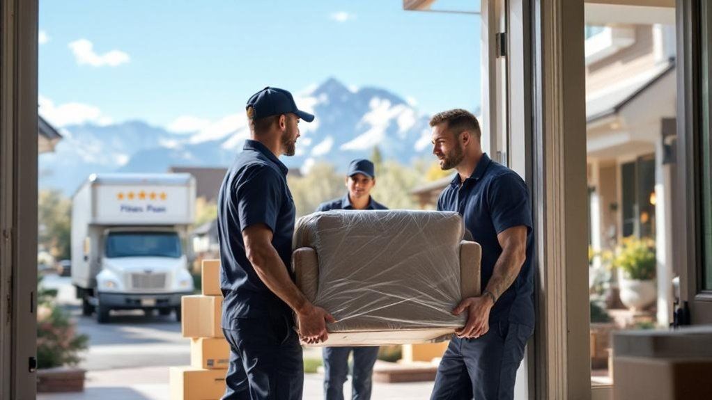 Three movers in blue uniforms carry a plastic-wrapped armchair into a home with a moving truck parked in the background.