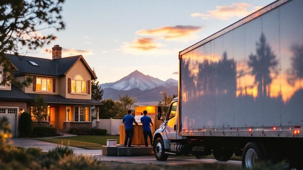 Two people in blue shirts load a moving truck outside a suburban house at sunset with snowy mountains in the background.