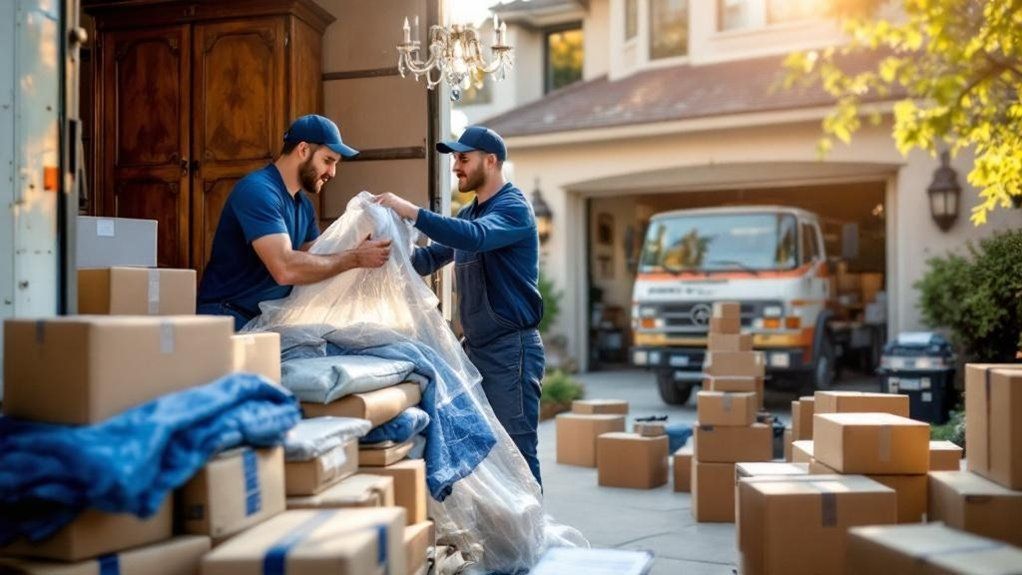 Two movers in blue uniforms wrap items inside a truck, surrounded by numerous cardboard boxes in a residential driveway.