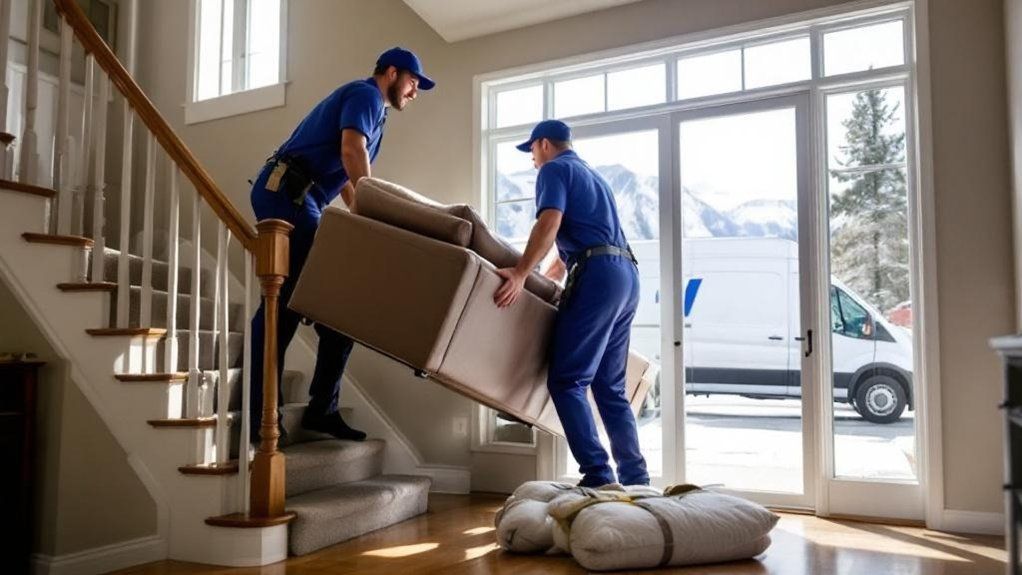 Two movers in blue uniforms carry a beige sofa into a house near a staircase, with a moving van visible outside.