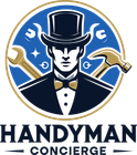 The logo for handyman concierge shows a man in a top hat and bow tie surrounded by tools.