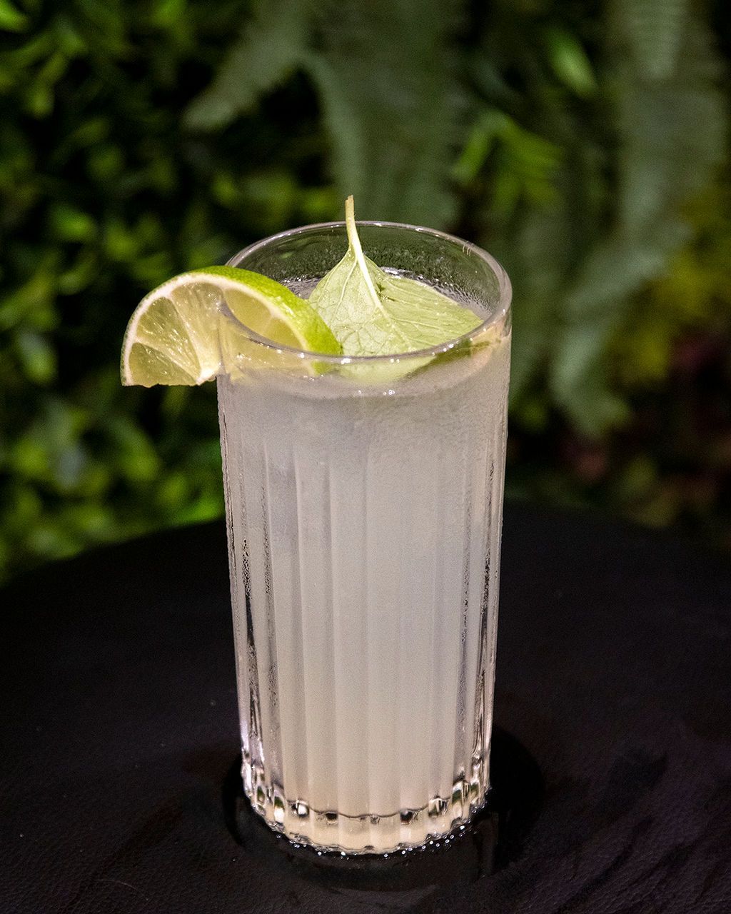 Tall glass of light-colored cocktail garnished with lime slice and leaves on a black surface with a green backdrop.