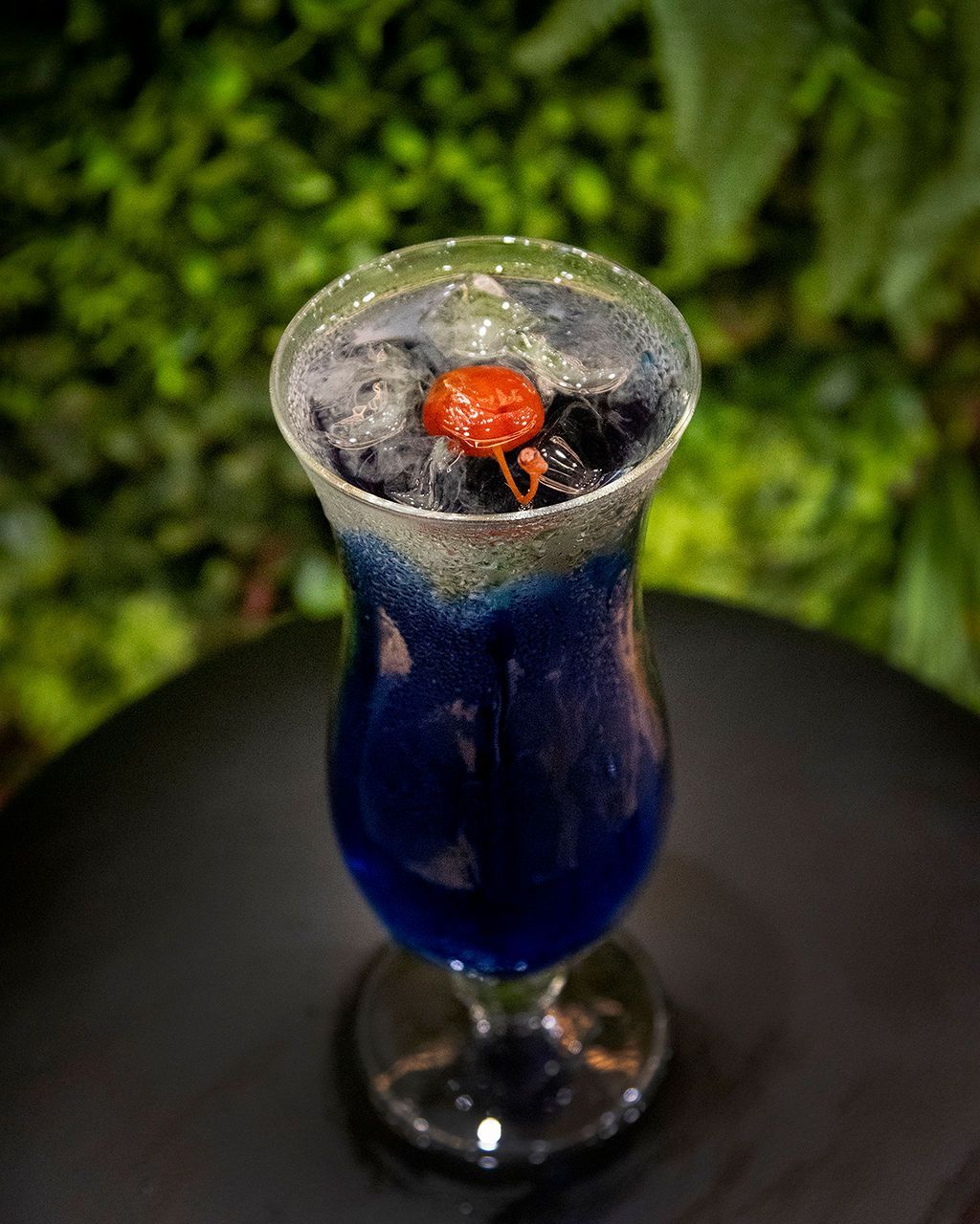 Blue cocktail with a sugared rim and cherry, against a green backdrop.
