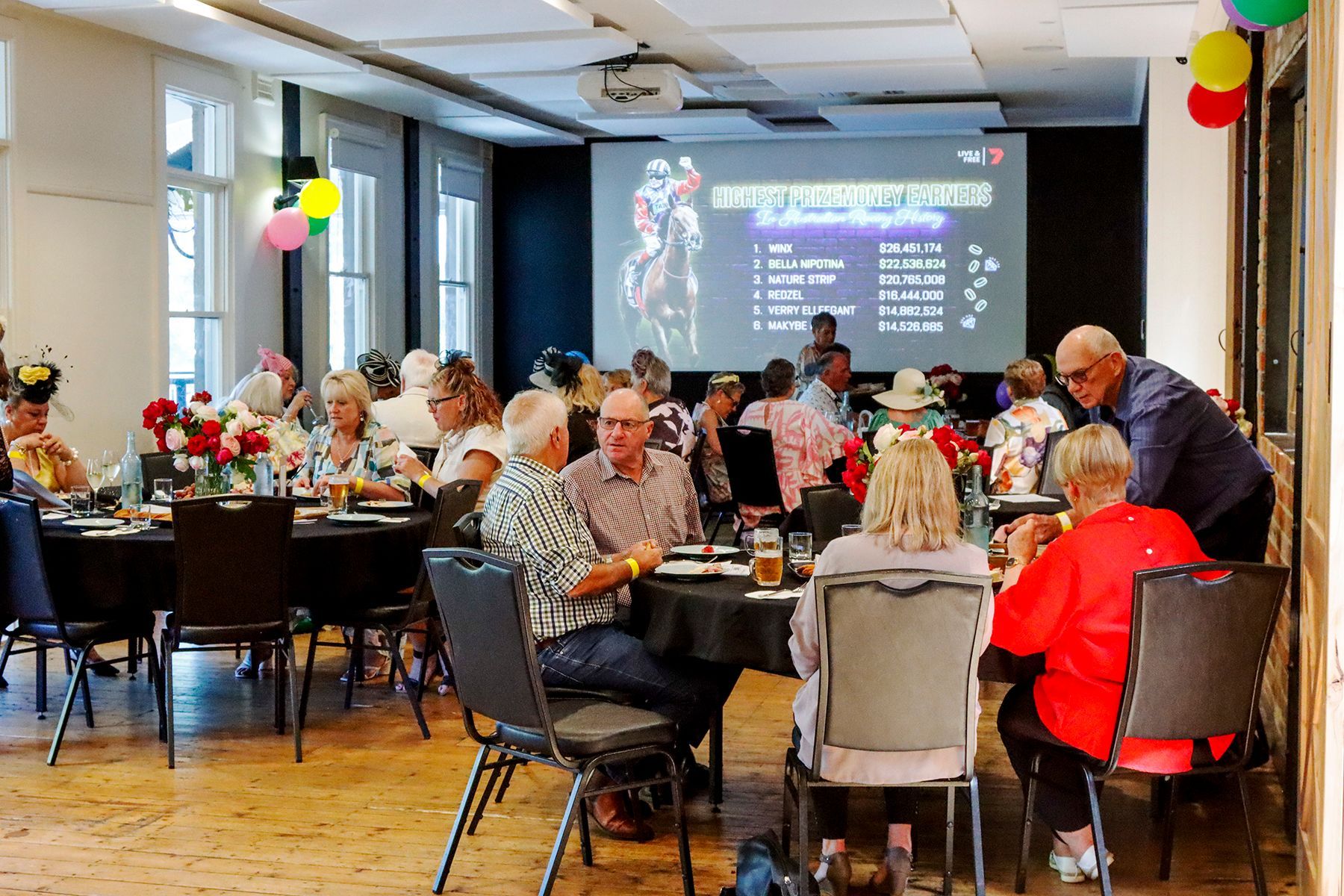 People at a horse race watch party in a room, some wearing hats. A projector shows race results.