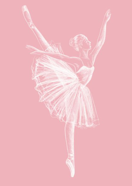 A ballerina in a white tutu is dancing on a pink background.