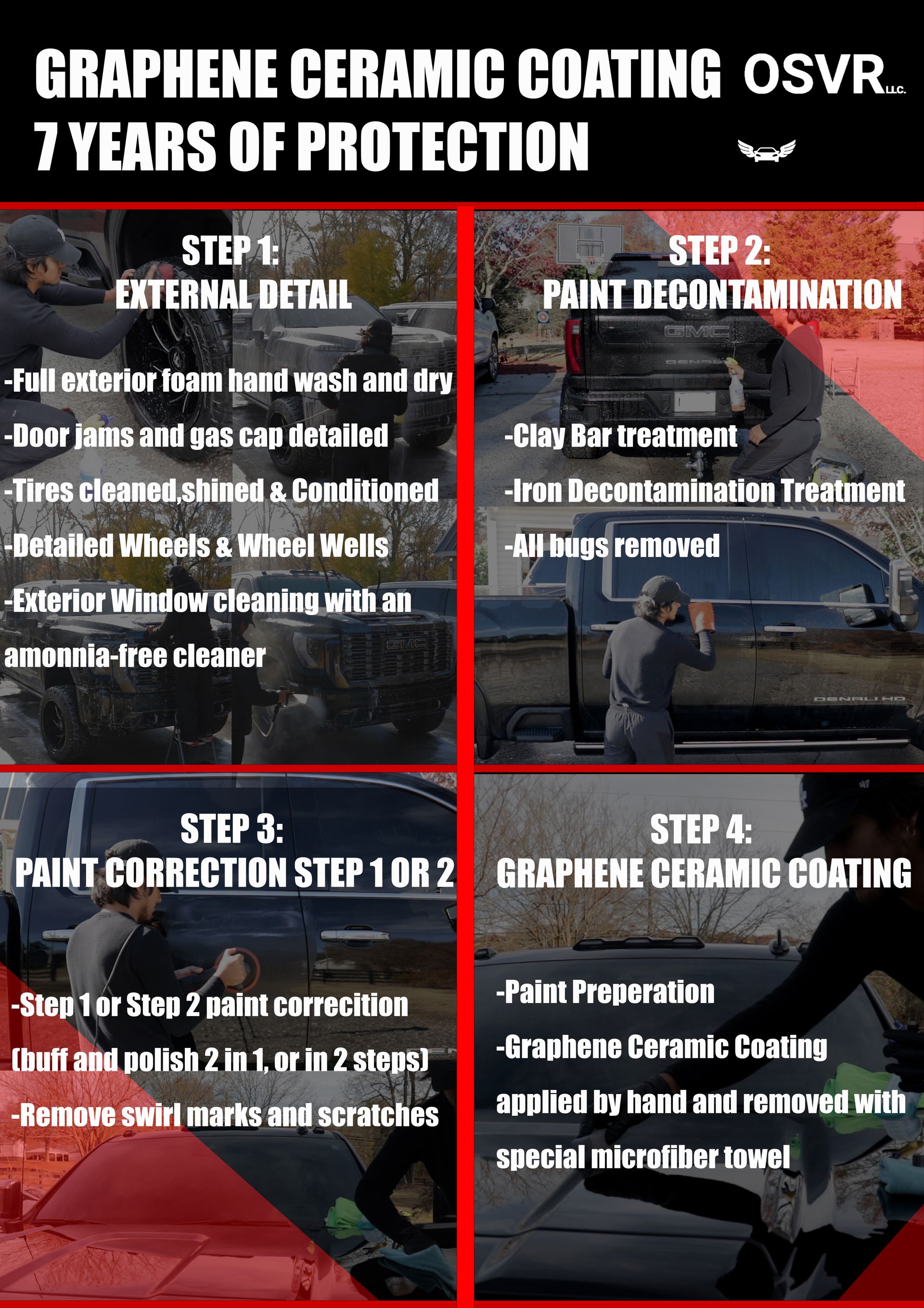 our process for graphene  ceramic coating protection of 7 years:
Full exterior hand wash and dry
Light bugs removed
Door jams and gas cap detailed
Tires cleaned, shined & Conditioned
Detailed Wheels & Wheel Wells
Exterior Window cleaning with an ammonia-free cleaner
Ceramic Wax with ISO2 technology (hydrophobic and dust resistant) and extra shine
clay bar treatment
iron decontamination treatment
all bugs removed 
step 1 or step 2 paint correction (buff and polish) 
paint preparation or paint prep
graphene ceramic coating applied by hand