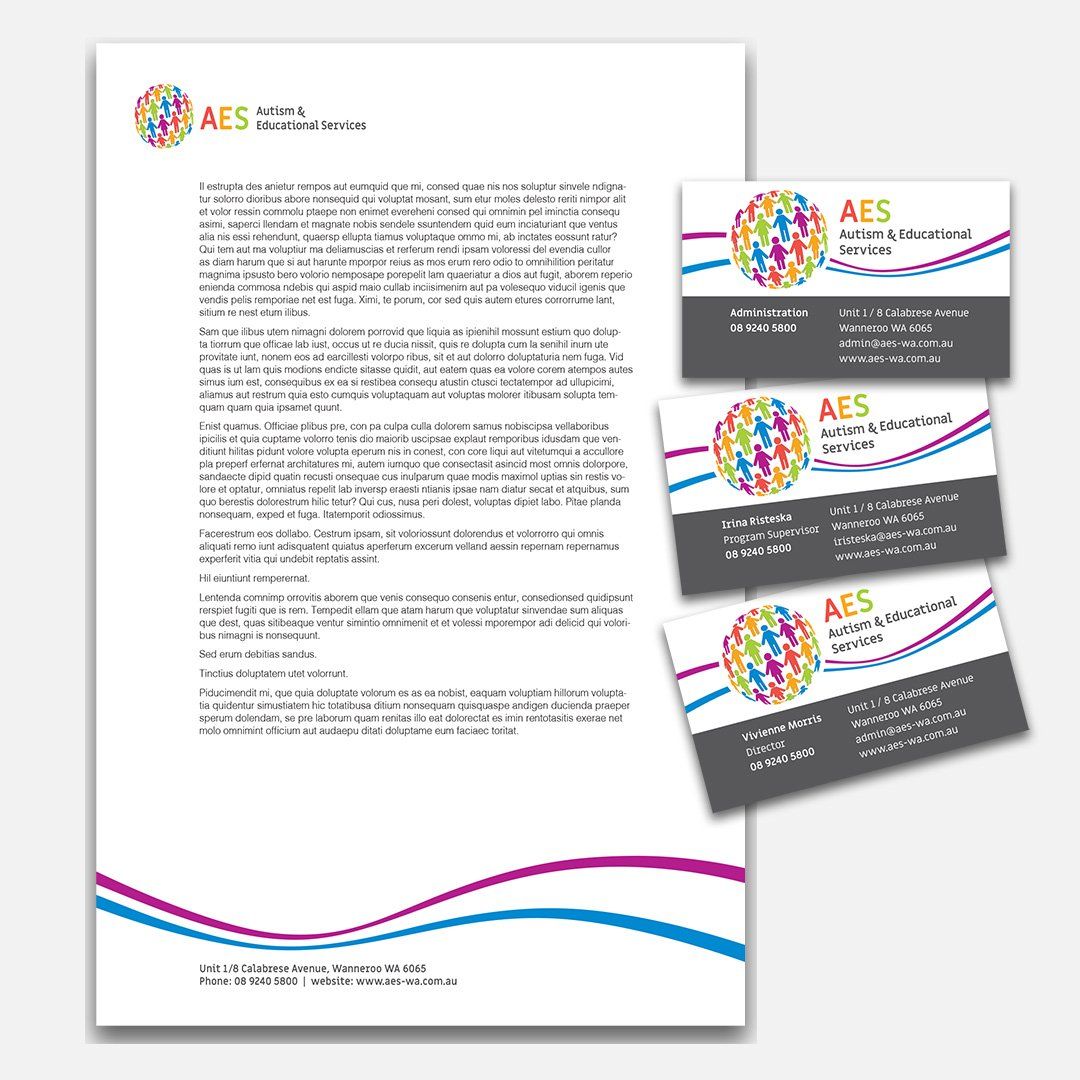 A letterhead and business cards for a company called aes
