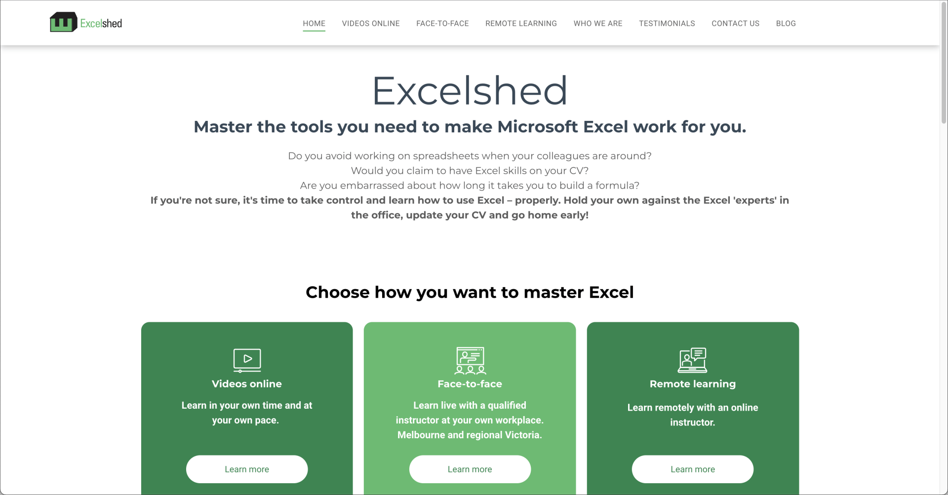 A screenshot of a website that says excelshed on it.