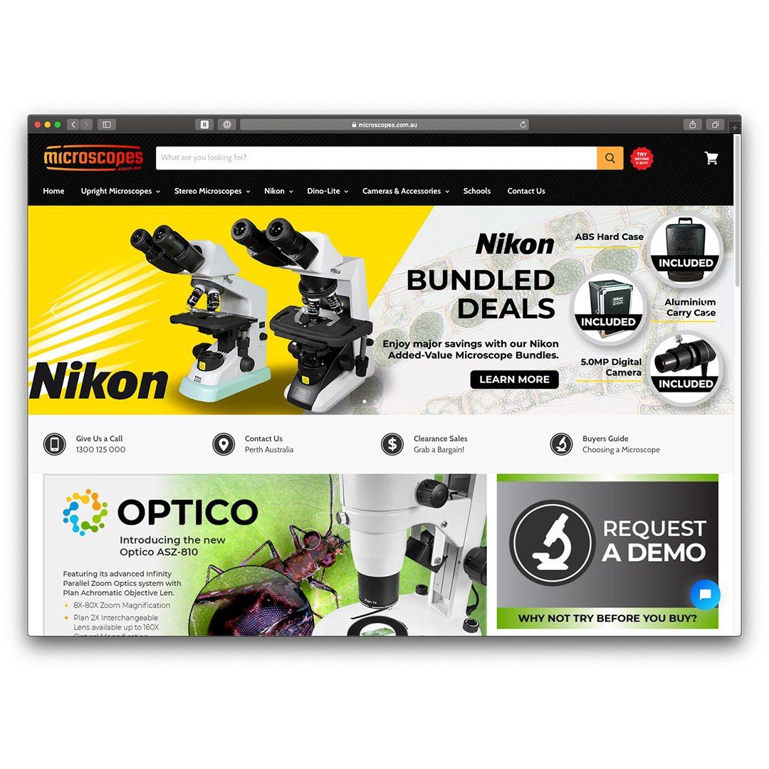 A computer screen shows a website for nikon microscopes.