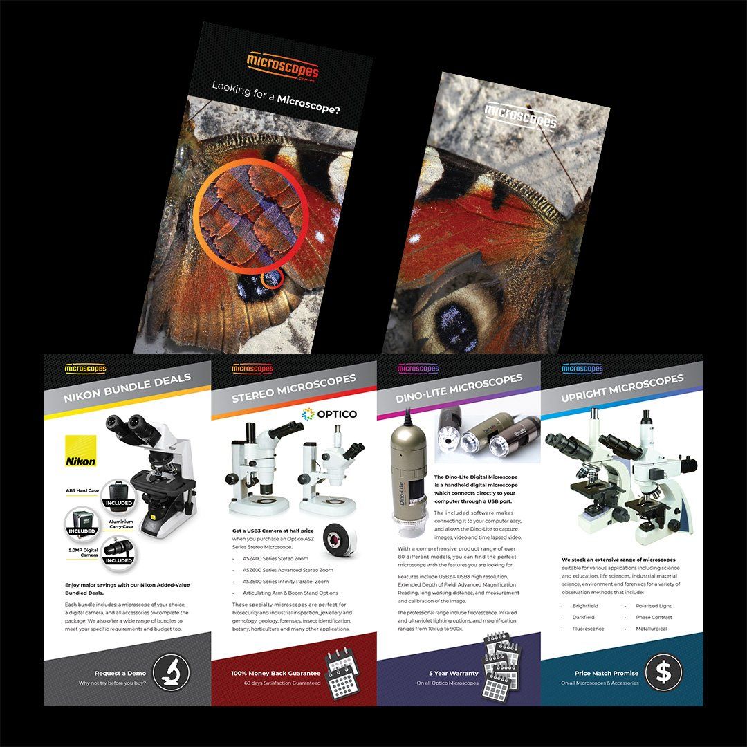 A set of four brochures for microscopes on a black background