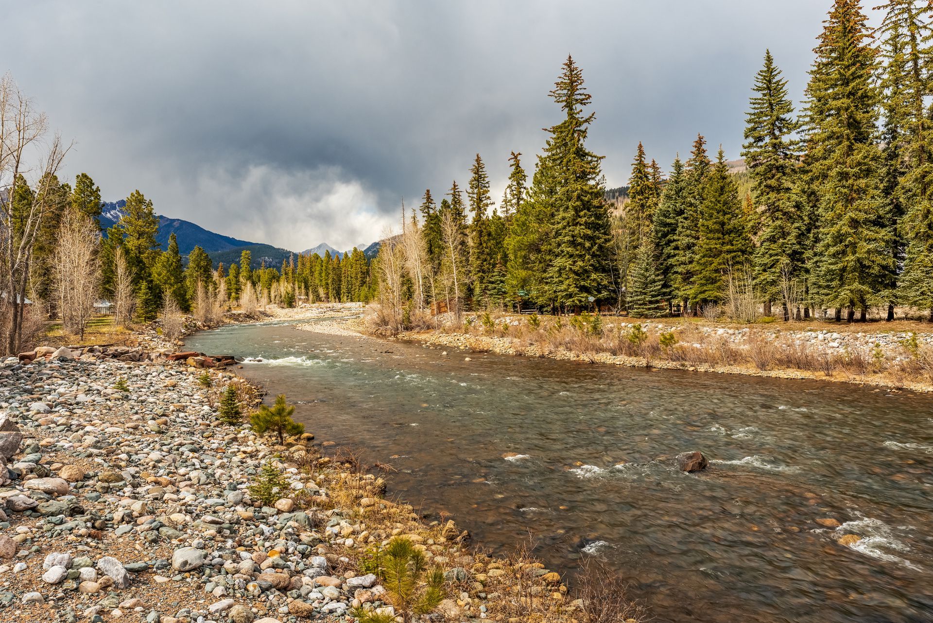 A river flowing through a forest with mountains in the background.