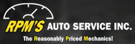 The logo for rpm 's auto service inc. shows a speedometer