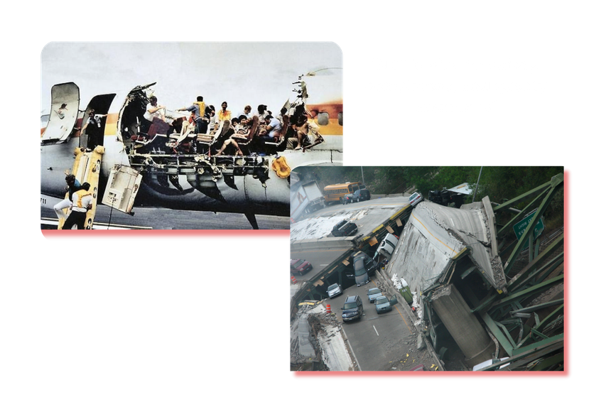 A collage showing a damaged aircraft fuselage with passengers visible and a collapsed section of a bridge over a road.