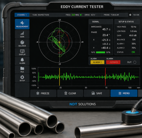 Eddy current tester device displaying a signal readout on its screen next to metallic pipes being inspected.