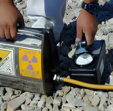 A technician holds a radiation exposure device and a survey meter connected by a yellow hose over a rocky surface.