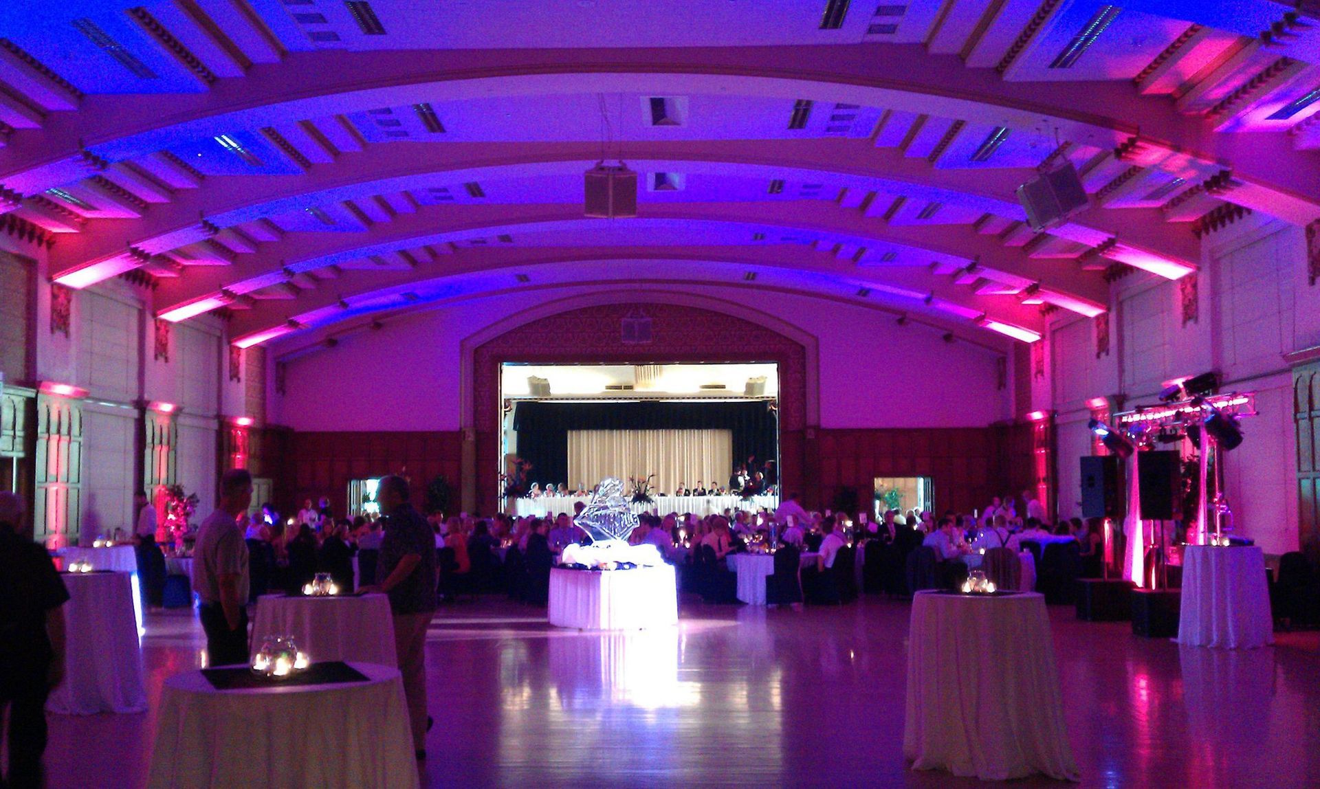 A wedding venue in central Indiana is lit with purple lights.