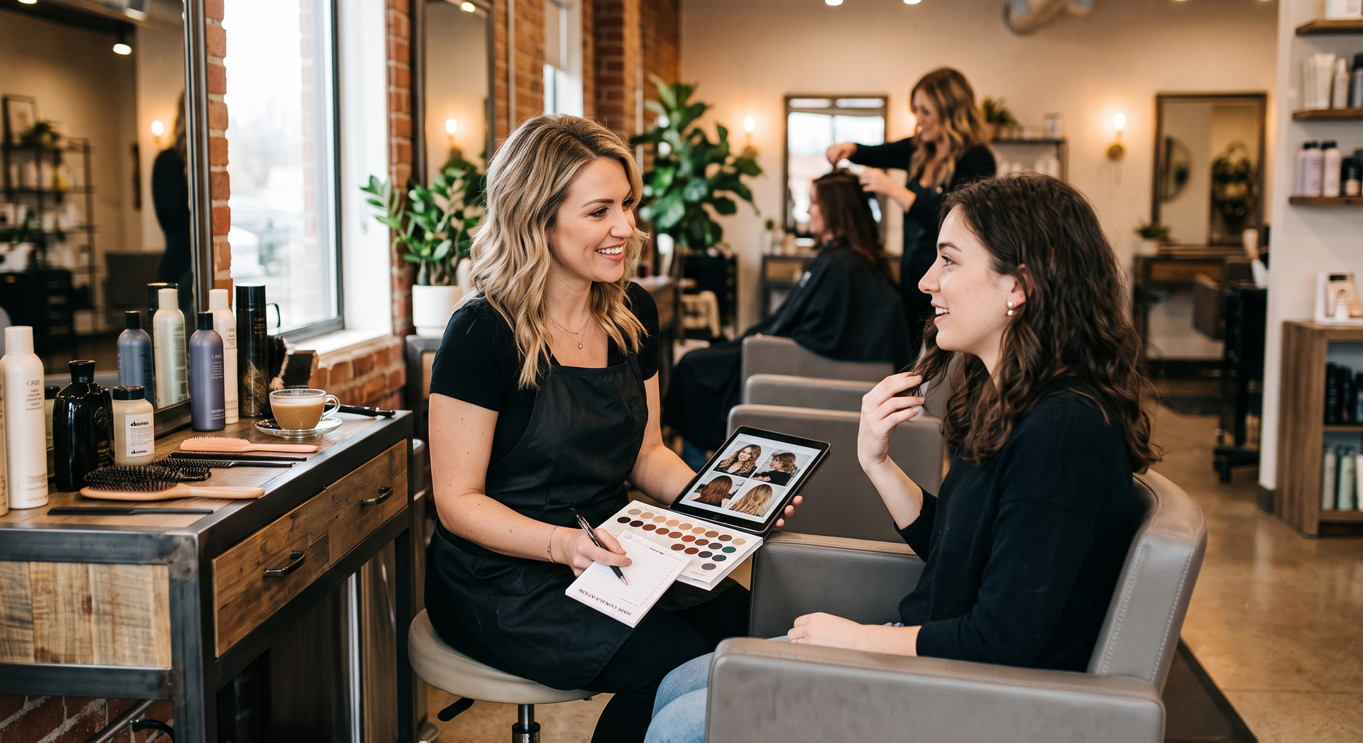 Two women consult a hairstyle book in a bright salon, with mirrors and styling stations in the background.