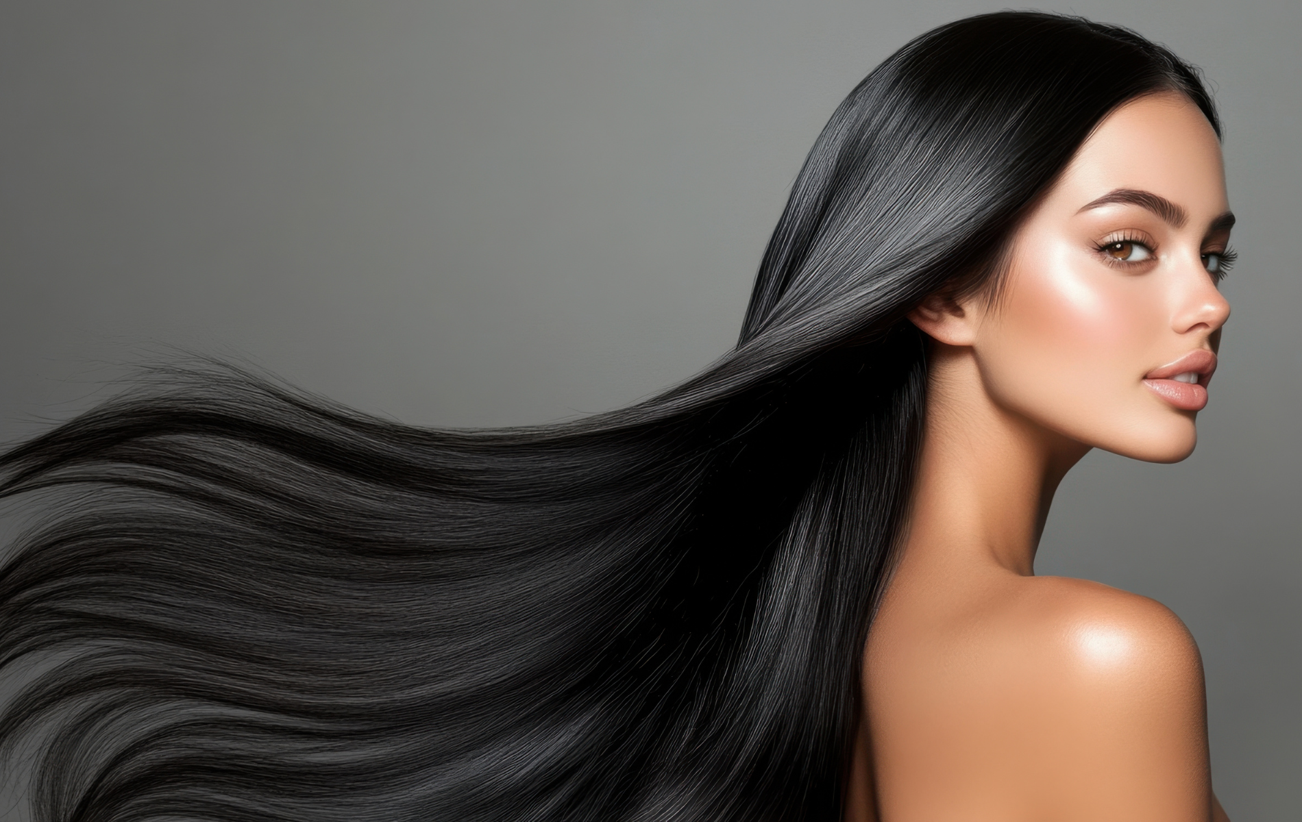 Woman with long, shiny, black hair flowing to the side; shoulders exposed; neutral background.