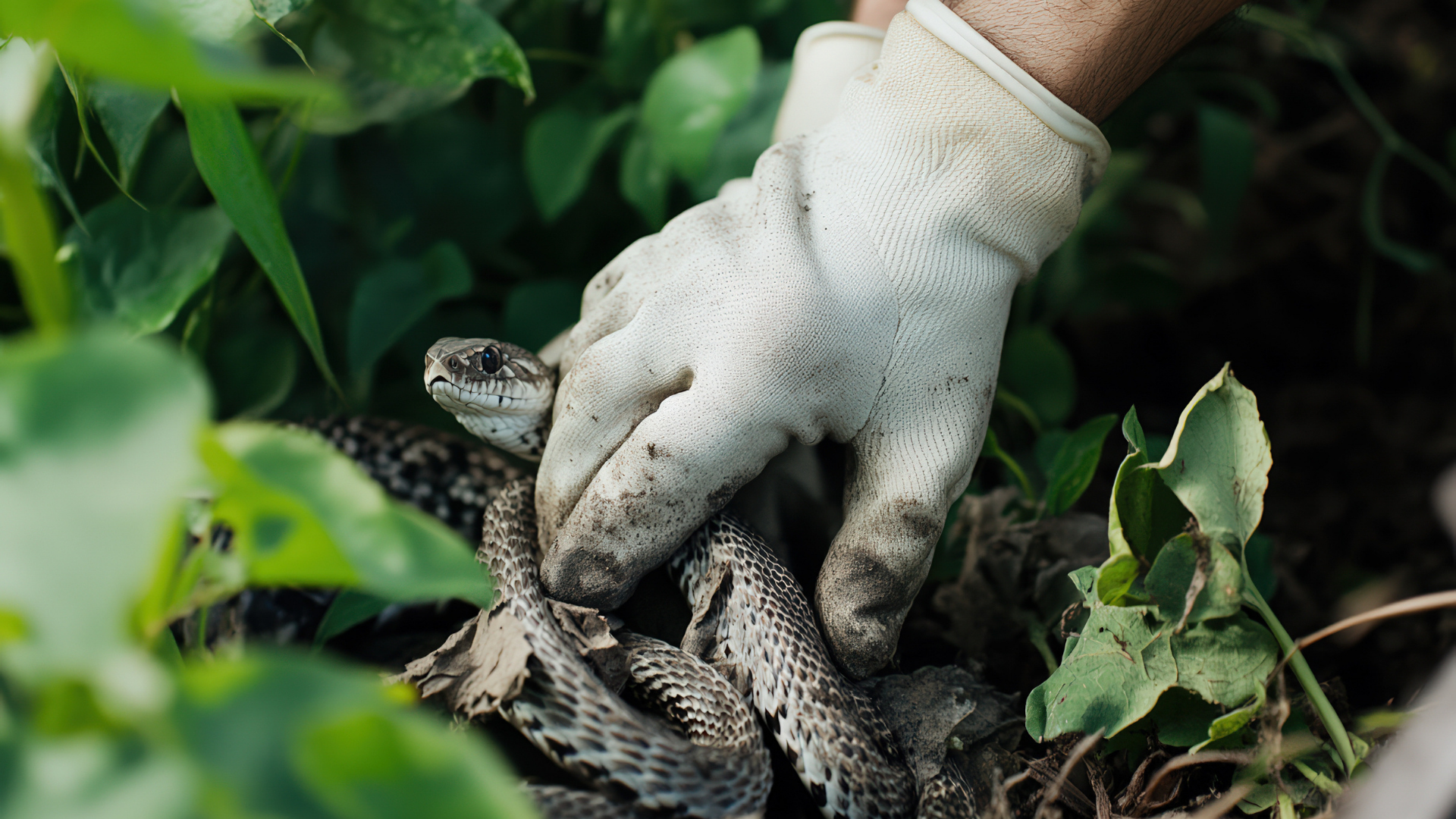 A gloved hand gently holding a mottled snake amidst green foliage.