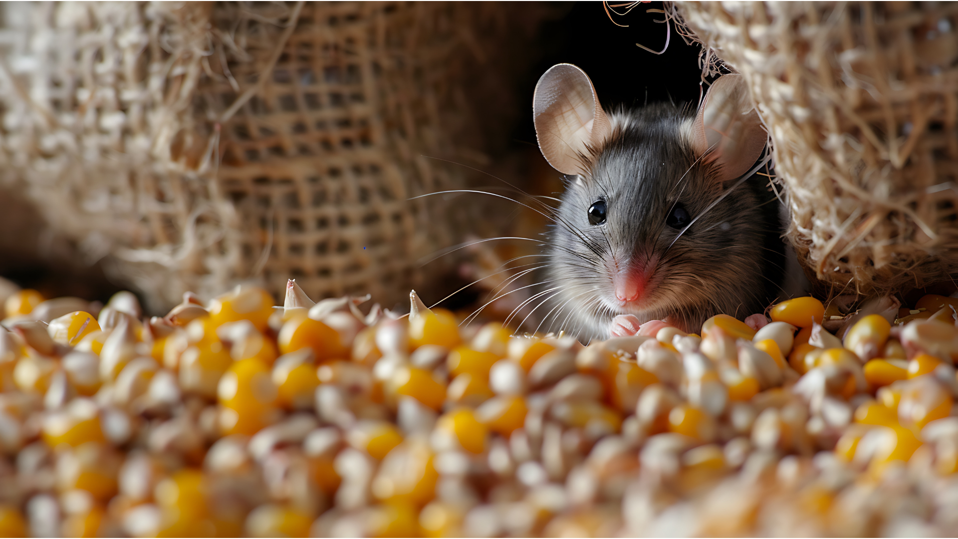 Mouse peeks out of a burlap sack filled with corn kernels.