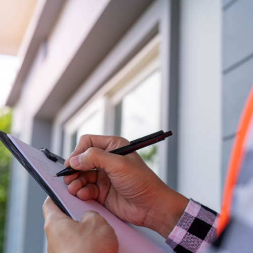 Person writing on a clipboard in front of a house, likely conducting an inspection.