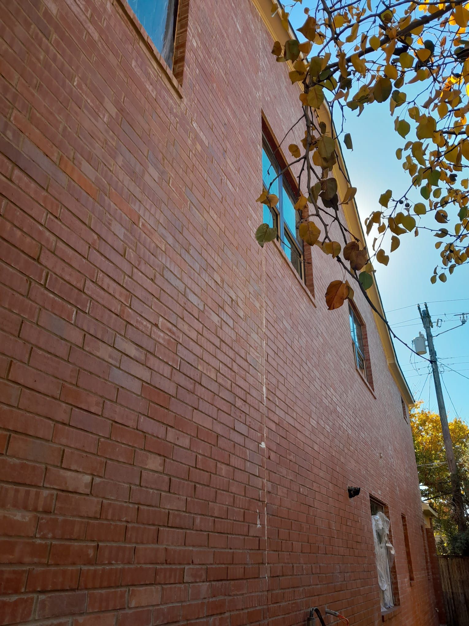 A brick building with a tree in front of it and a blue sky in the background.