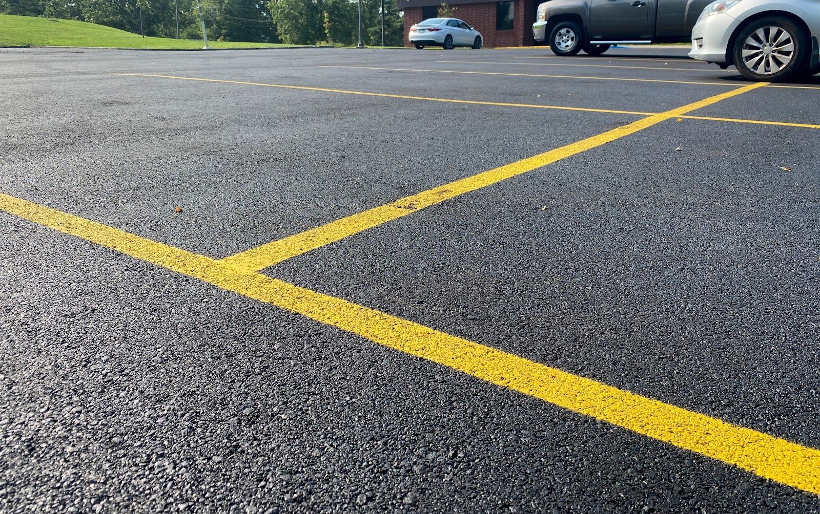 Yellow parking lines on fresh asphalt in a parking lot; cars parked in the background.