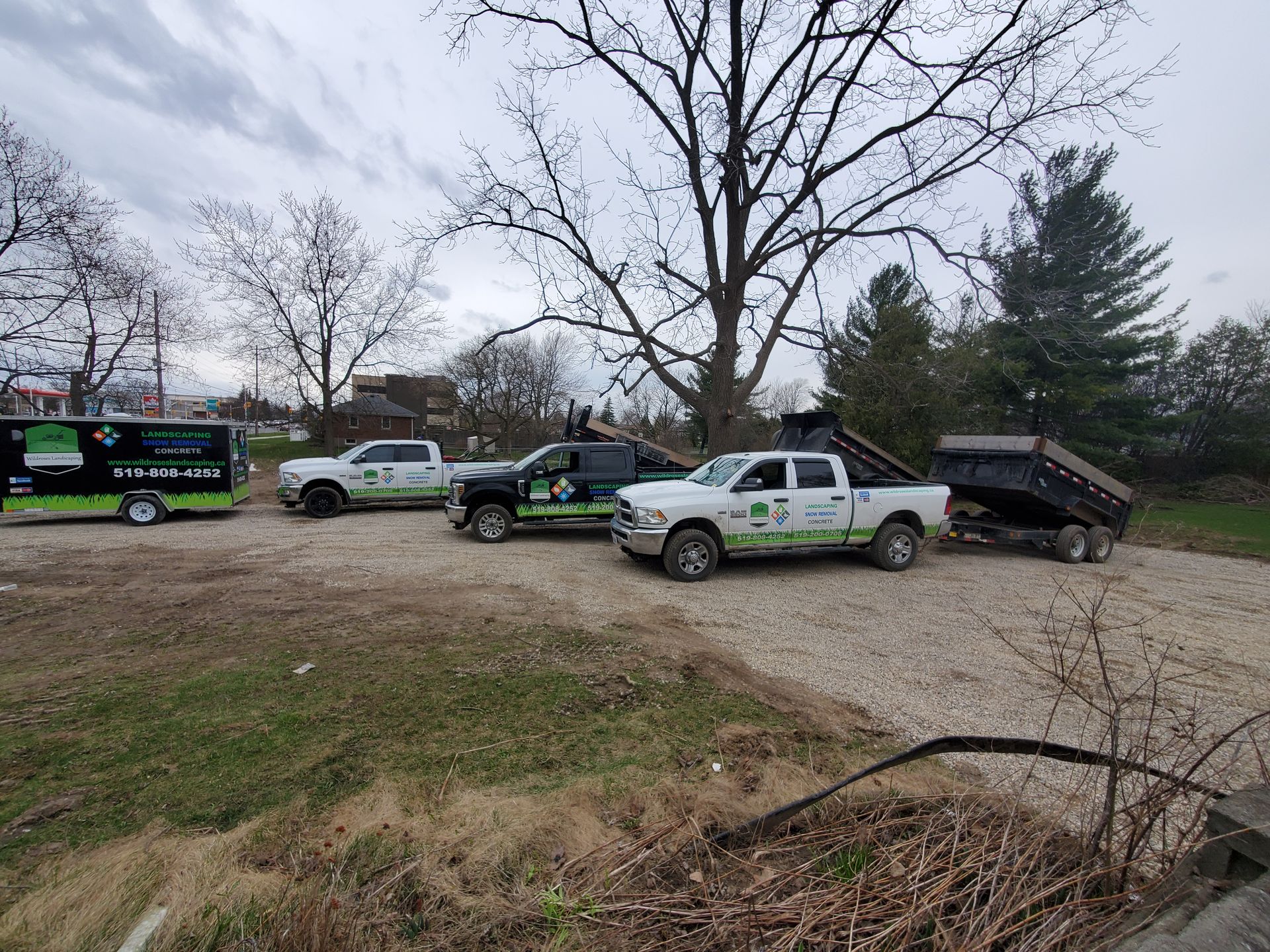 Workers and utility trucks near a damaged black car in a muddy roadside area with leafless trees