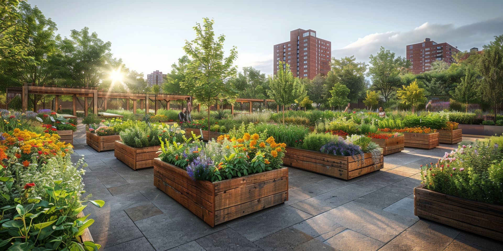 Community garden with raised brick planters of colorful flowers and greenery at sunset, with apartments in back