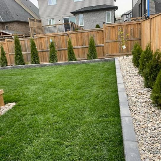 Freshly mowed backyard lawn with stone border, gravel path, wooden fence, and row of small evergreens