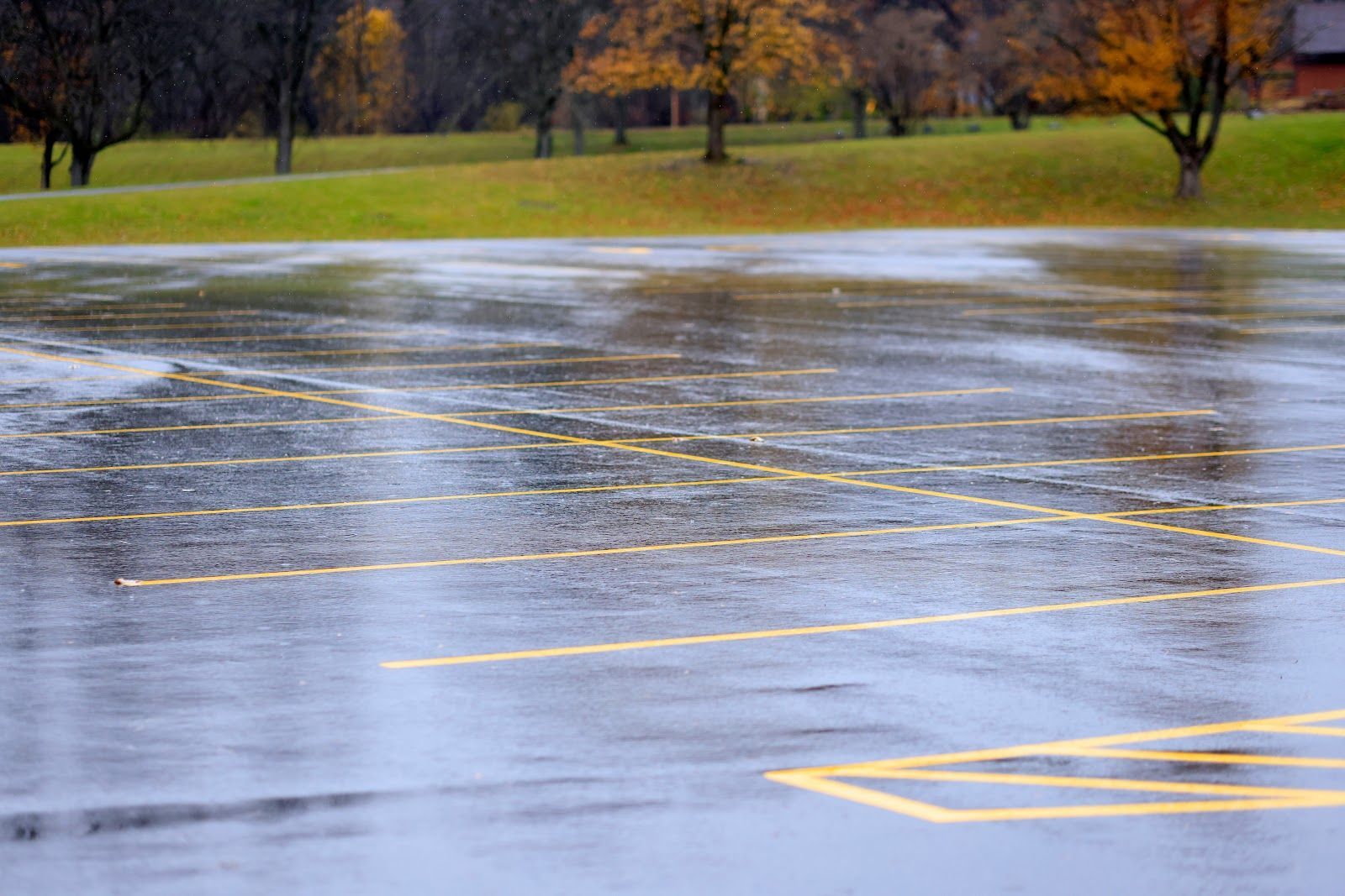 Wet parking lot with yellow lines reflecting the overcast sky and trees.