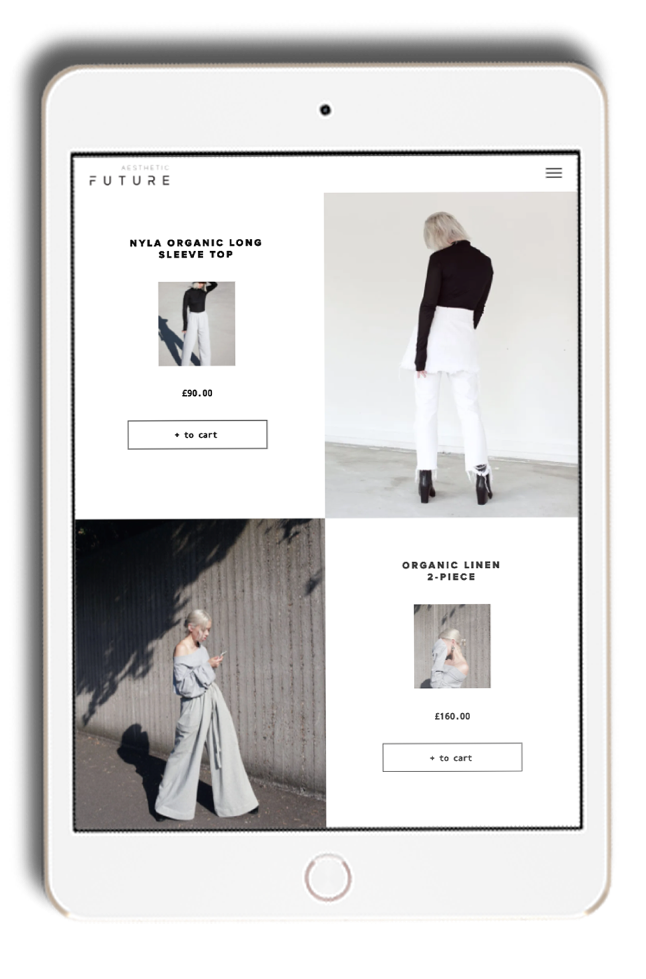 Tablet displaying a fashion website with product photos and prices, minimalist style.