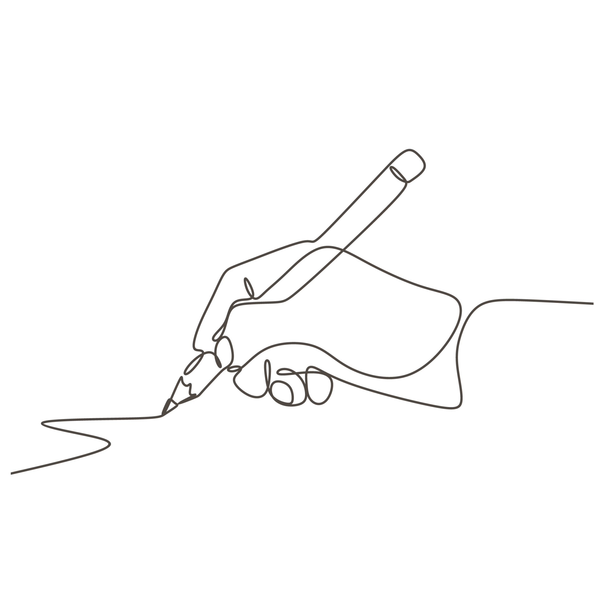 Line drawing of a hand holding a pencil, writing a curved line.
