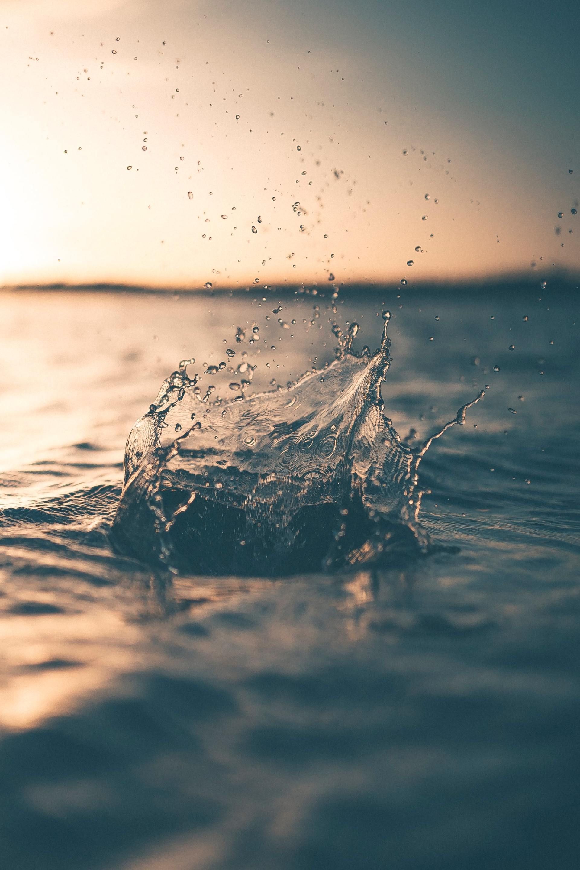 Water splashing up in the ocean at sunset, droplets and ripples visible.