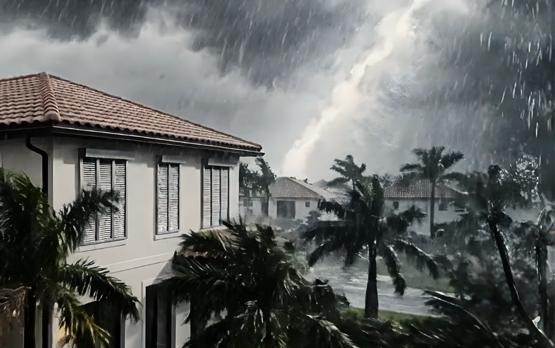 A white house with hurricane shutters in heavy rain and lightning.