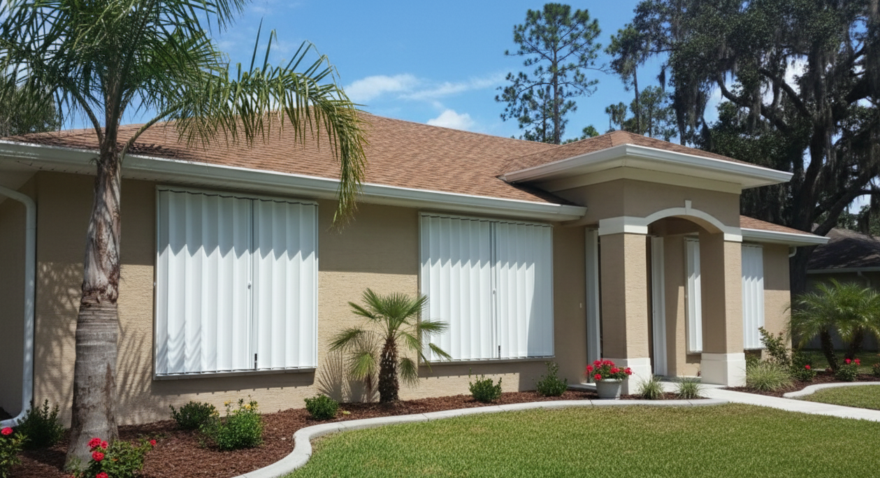 Orange house with closed storm shutters during a thunderstorm, with lightning striking the dark sky.