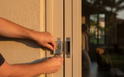 Hands unlocking a sliding glass door with a key. Beige door frame, silver lock, sunny outdoor setting.