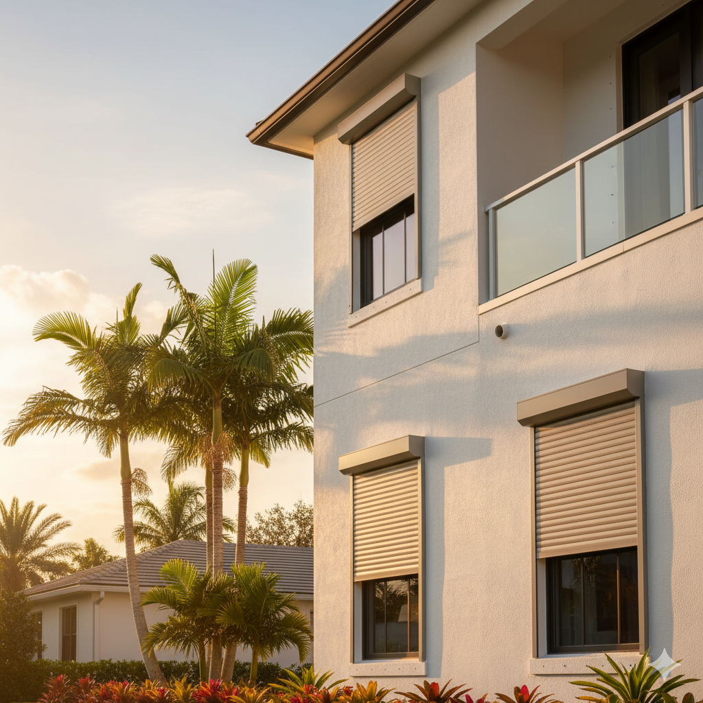 A bedroom with a bed and shutters on the windows