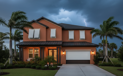 Orange stucco house with closed shutters, driveway, palm trees, and stormy sky with lightning.