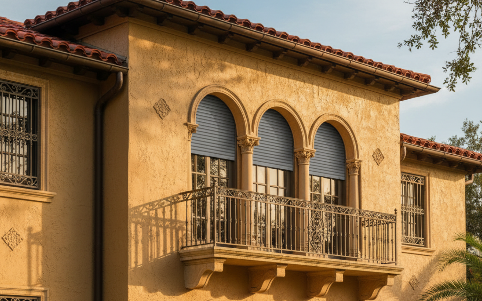 Tan stucco building with arched windows, iron balcony, and red tile roof.