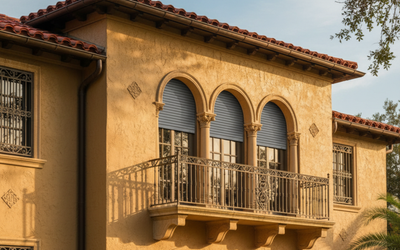 Tan stucco building with arched windows, iron balcony, and red tile roof.