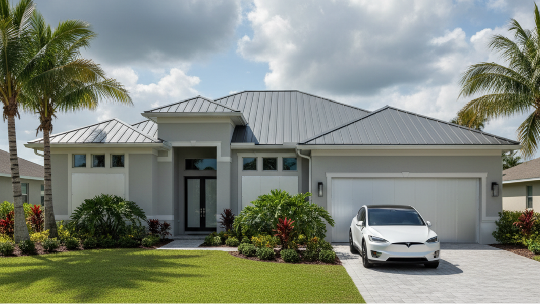 Modern gray house with white car in driveway, palm trees and cloudy sky.