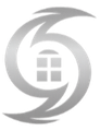 Silver hurricane symbol around a square window.