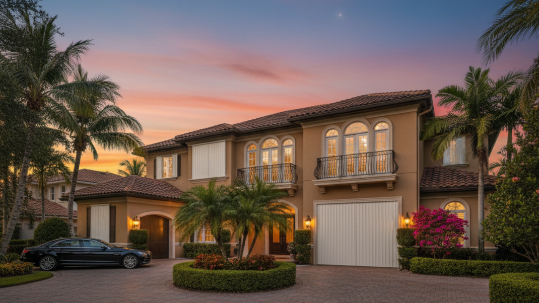 House with closed shutters and palm trees during a storm.