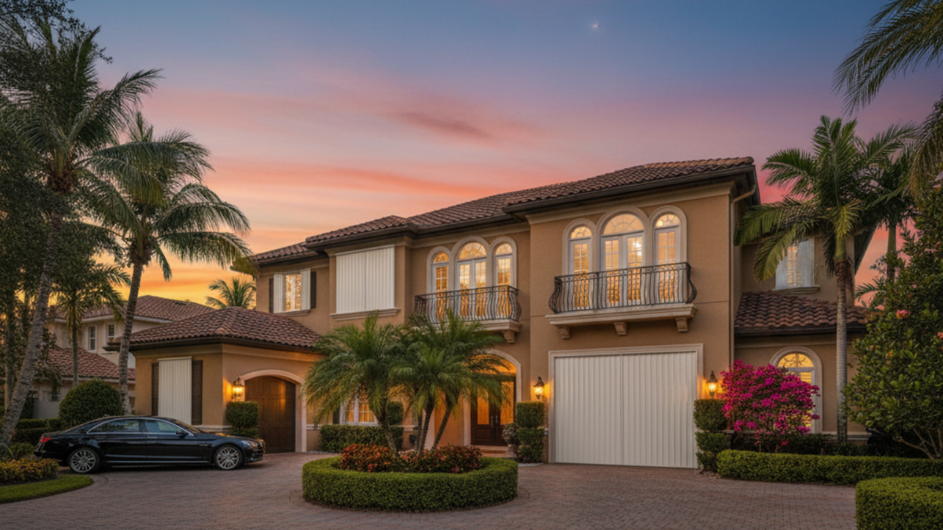 House with closed shutters and palm trees during a storm.