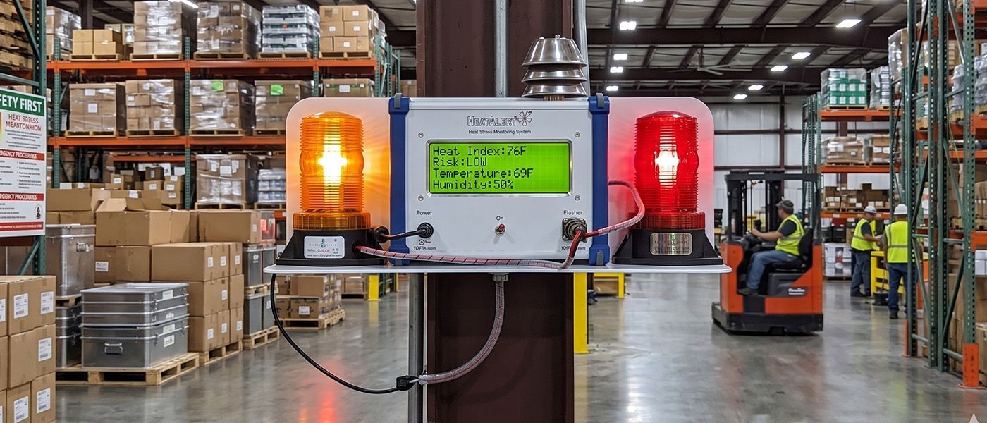HeatAlert Industrial heat index monitor installed in a facility, showing real-time temperature and heat index reading
